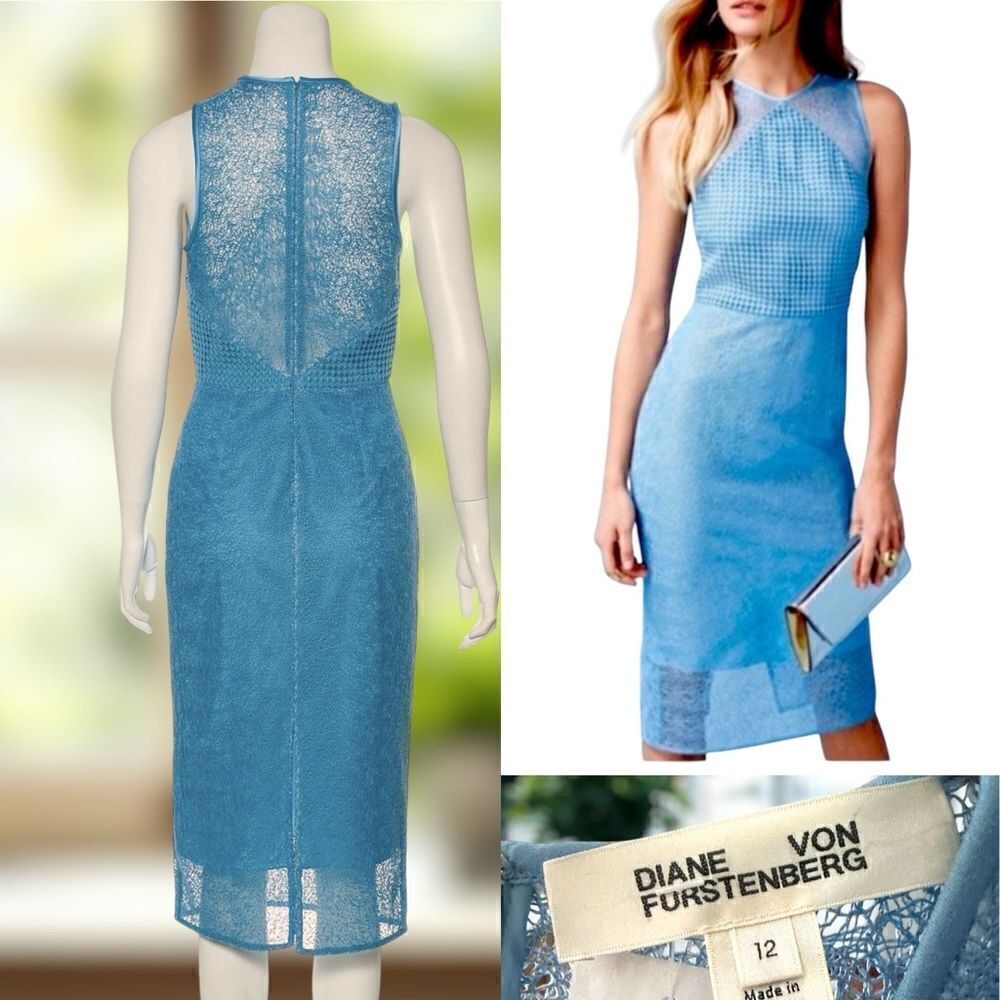 DIANE VON FURSTENBURG DVF Sleeveless Blue Mixed Lace Midi Sheath Dress Size 12